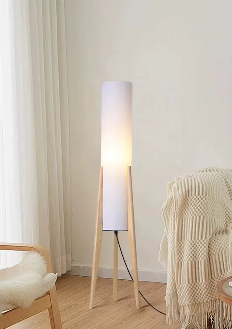 Lampadaire Colonne Tissu et Socle en Bois