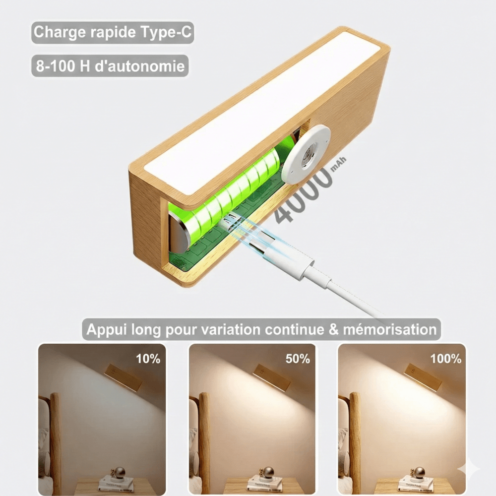 Applique Murale Bois Scandinave Sans Fil Rechargeable Orientable - Marron clair