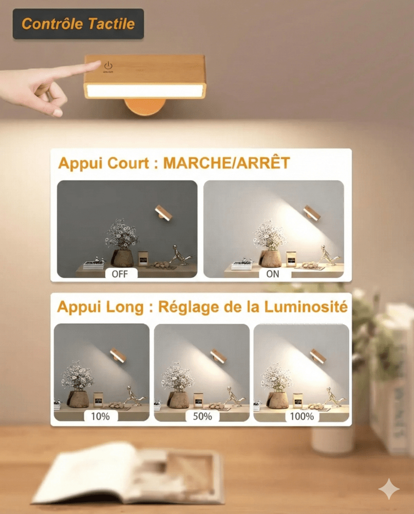 Applique Murale Bois Scandinave Sans Fil Rechargeable Orientable - Marron clair