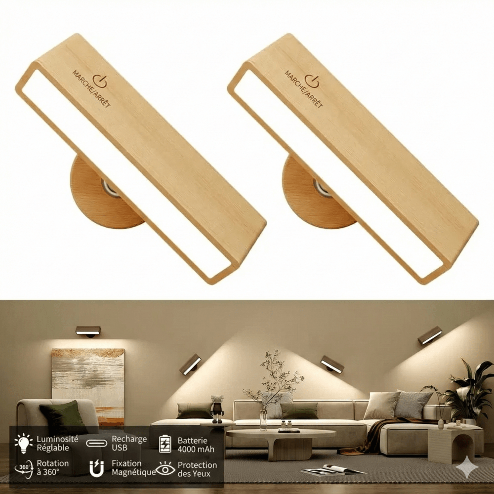 Applique Murale Bois Scandinave Sans Fil Rechargeable Orientable - Marron clair