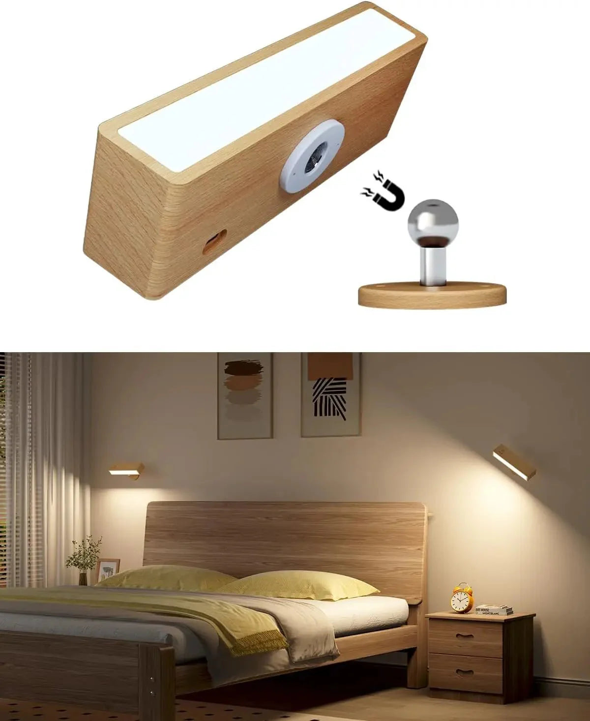 Applique Murale Bois Scandinave Sans Fil Rechargeable Orientable - Marron clair