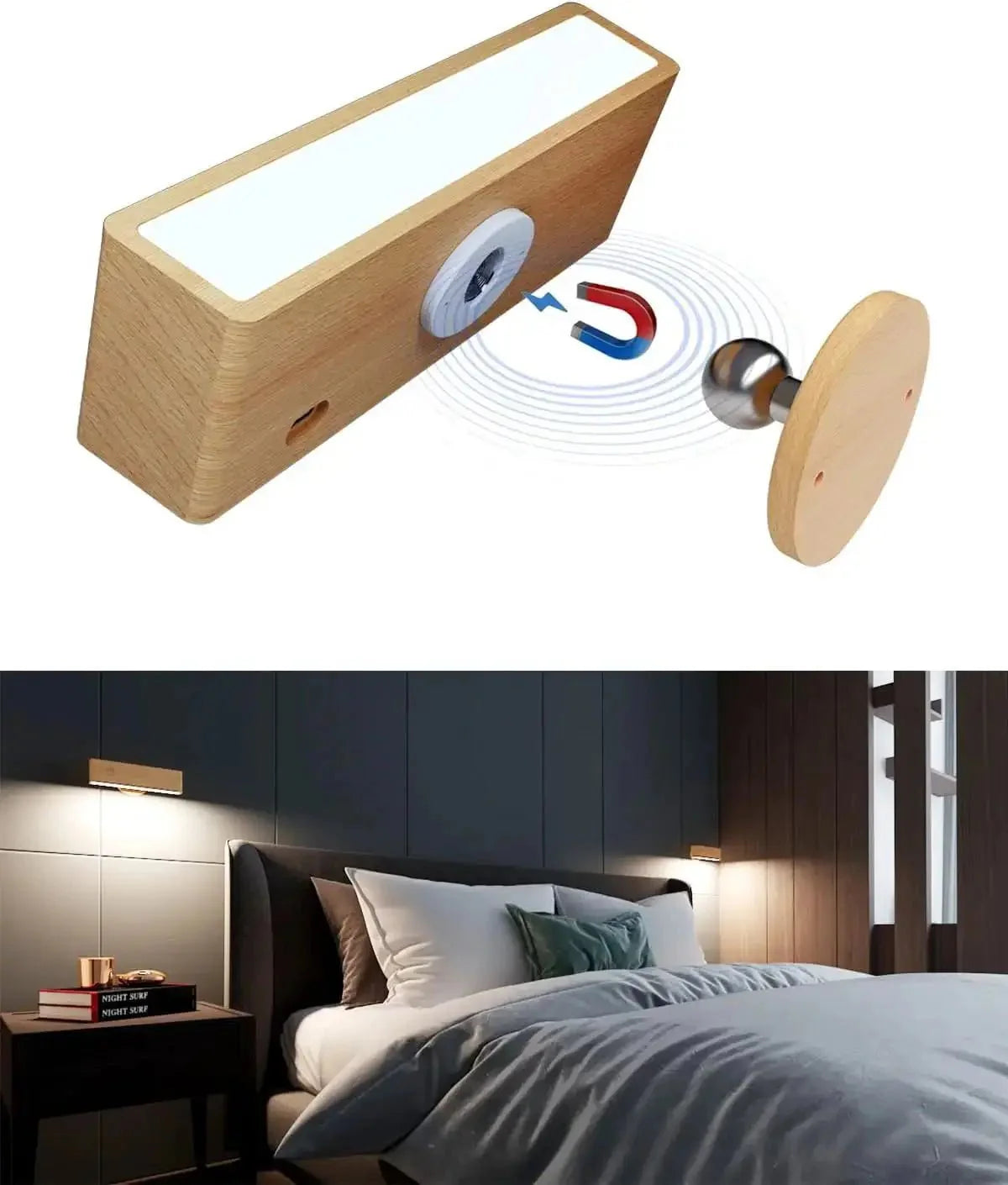 Applique Murale Bois Scandinave Sans Fil Rechargeable Orientable - Marron clair
