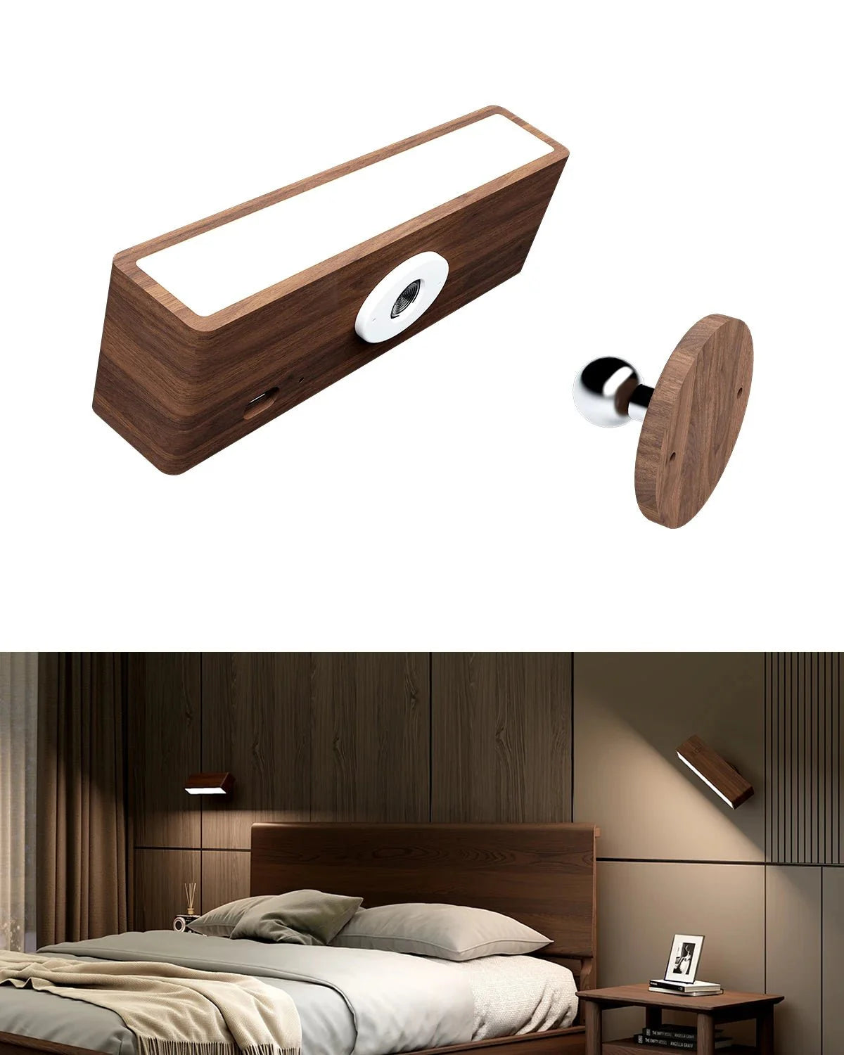 Applique Murale Bois Scandinave Sans Fil Rechargeable Orientable - Marron foncé