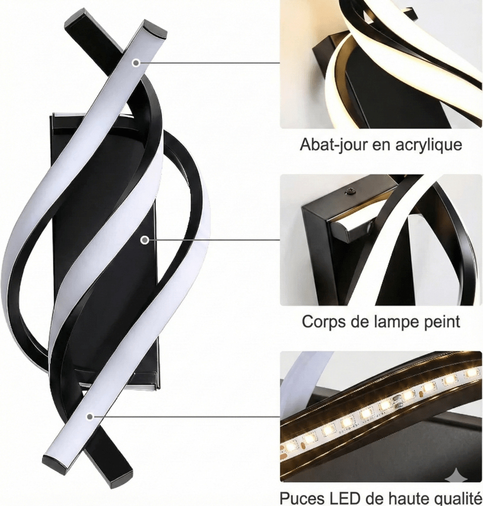Applique Murale LED Design Ondulé Spirale - Noir