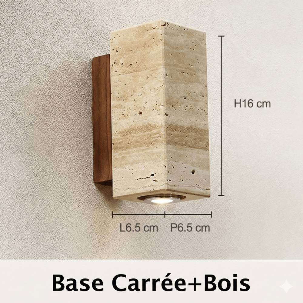 Applique Murale LED Pierre Naturelle Wabi Sabi - Base carré bois