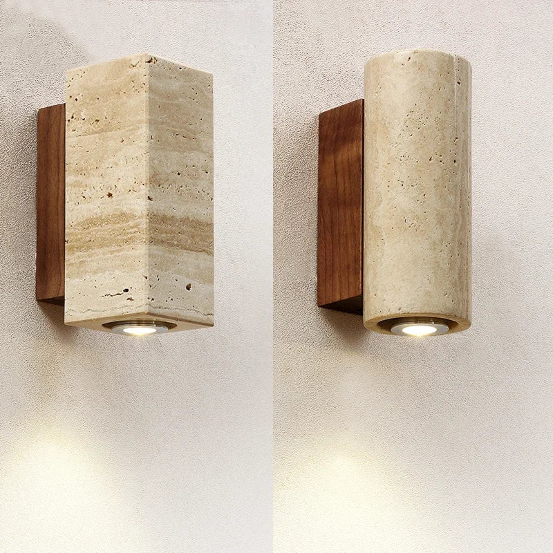 Applique Murale LED Pierre Naturelle Wabi Sabi - Base ronde bois