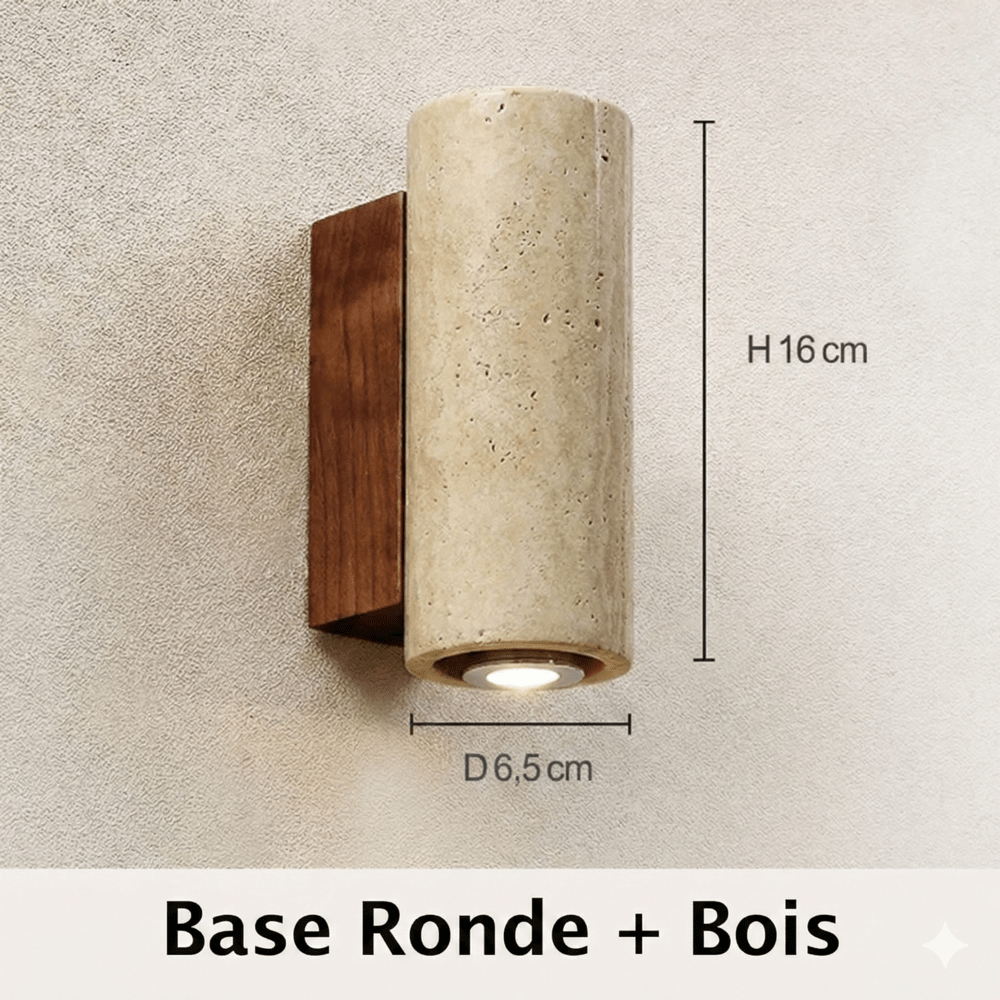 Applique Murale LED Pierre Naturelle Wabi Sabi - Base ronde bois