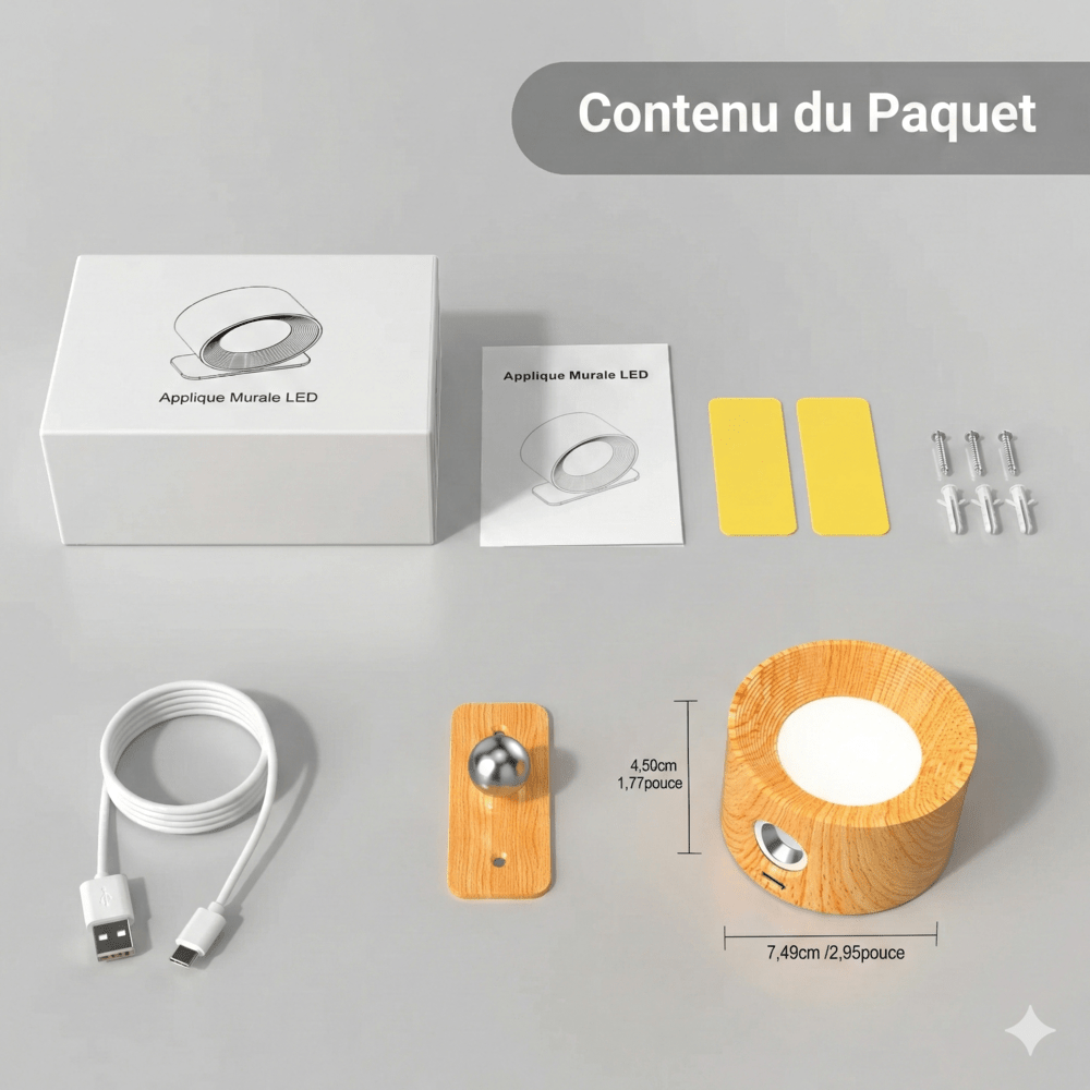 Applique Murale Ronde Sans Fil Électrique Orientable en Bois -