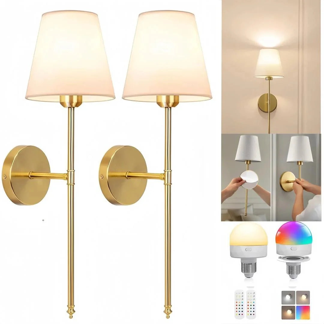 Applique Murale Sans Fil avec Abat - Jour - Lot de 2 - Couleur dorée