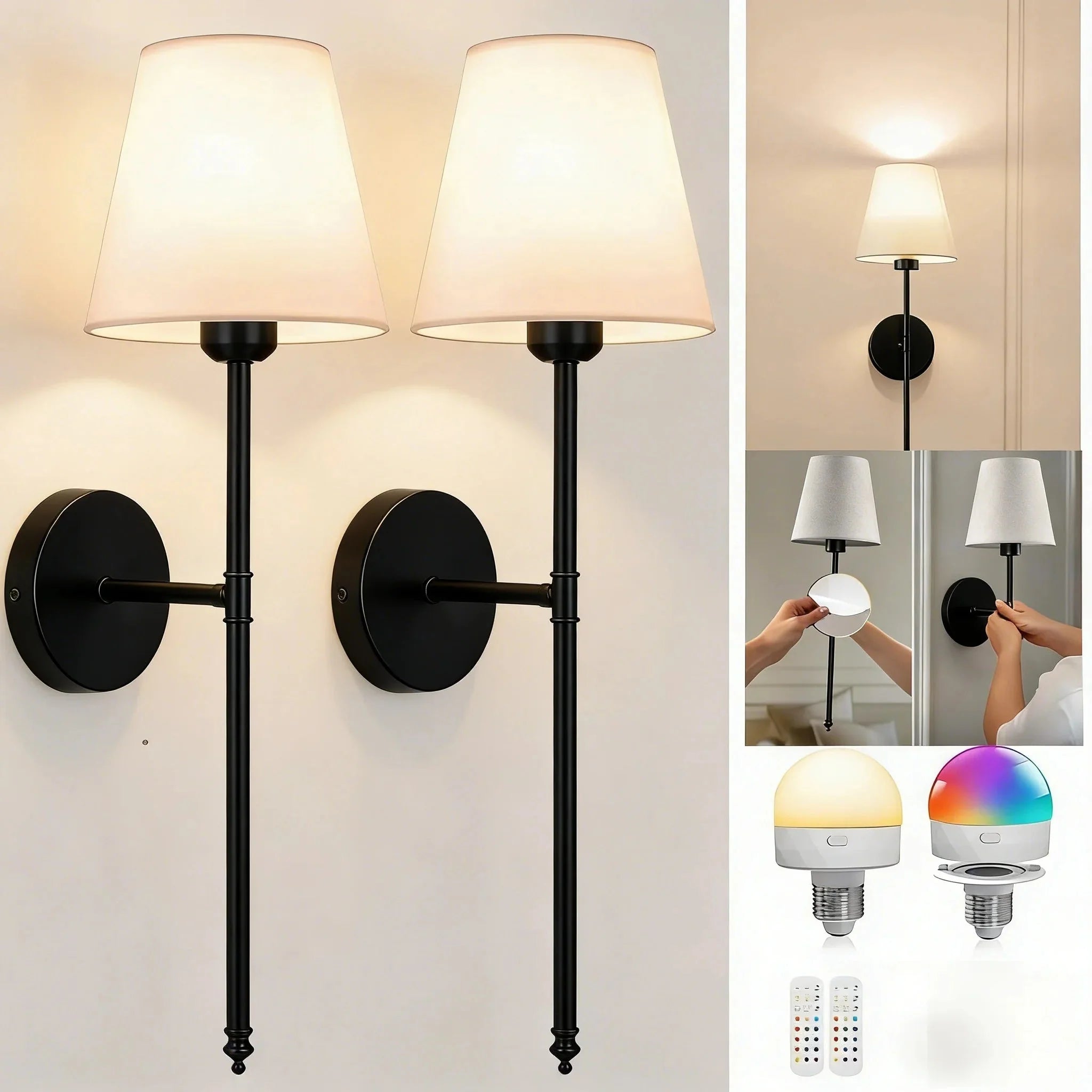 Applique Murale Sans Fil avec Abat - Jour - Lot de 2 - Couleur Noir