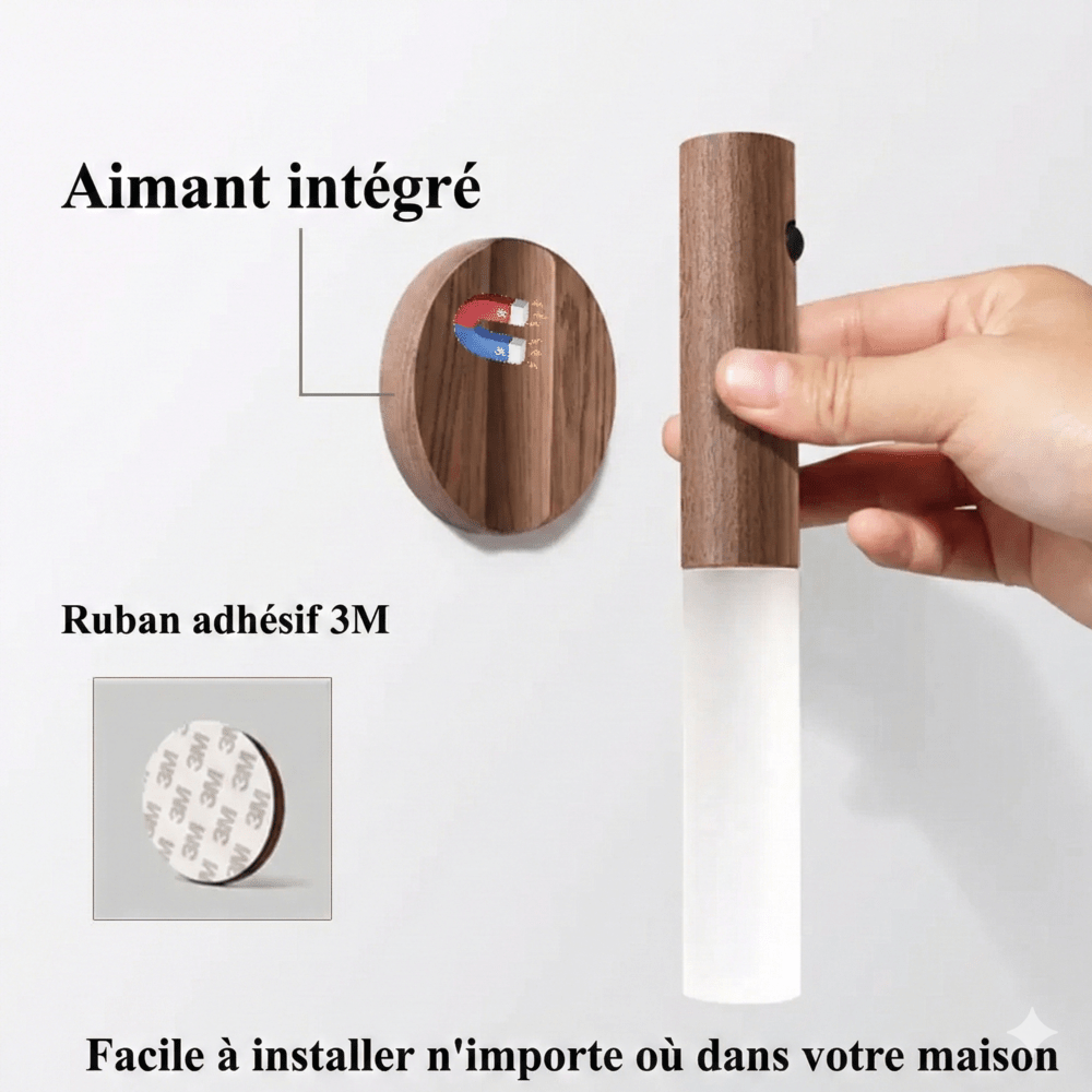Applique Murale Sans Fil Détachable Bois avec Detecteur de Mouvement - Marron foncé