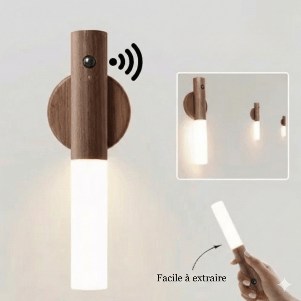 Applique Murale Sans Fil Détachable Bois avec Detecteur de Mouvement - Marron foncé