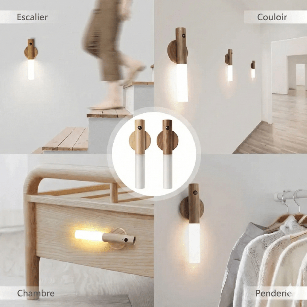 Applique Murale Sans Fil Détachable Bois avec Detecteur de Mouvement - Marron foncé