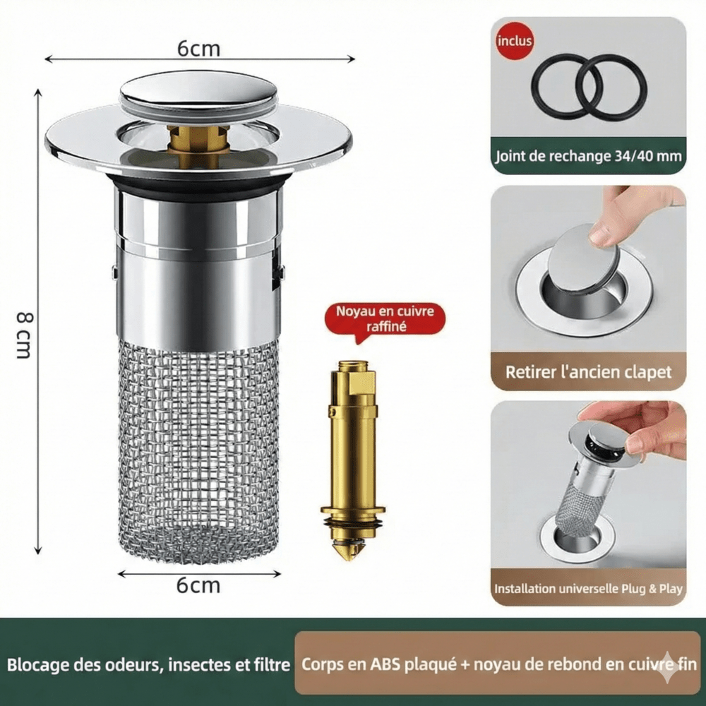 Bonde de Lavabo Clic Clac Universel - Cœur en Laiton (Haute Durabilité)