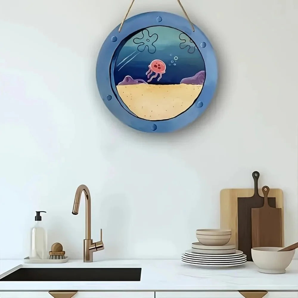 Cadre Mural Hublot Rond Décor Océan et Méduse - A