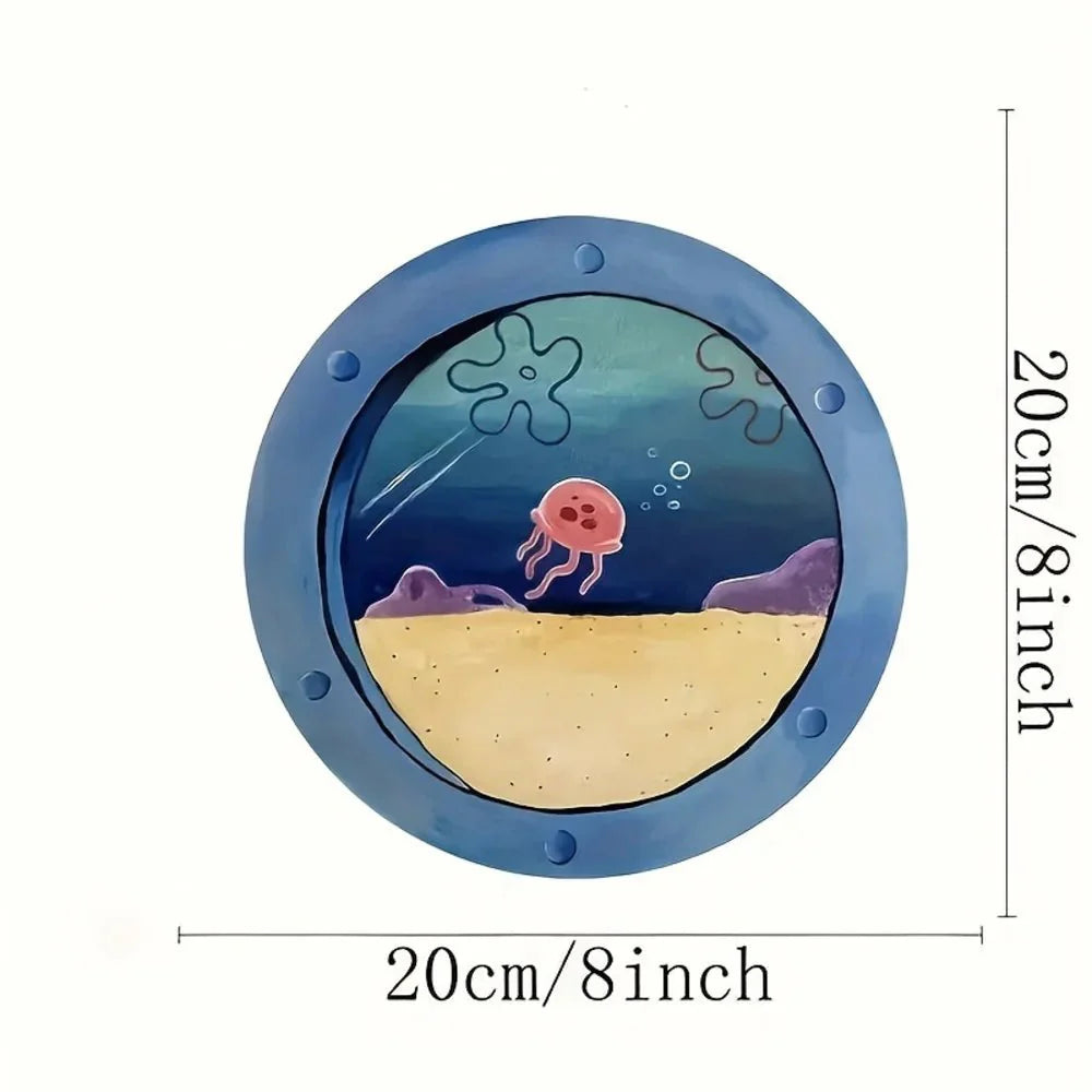 Cadre Mural Hublot Rond Décor Océan et Méduse - A