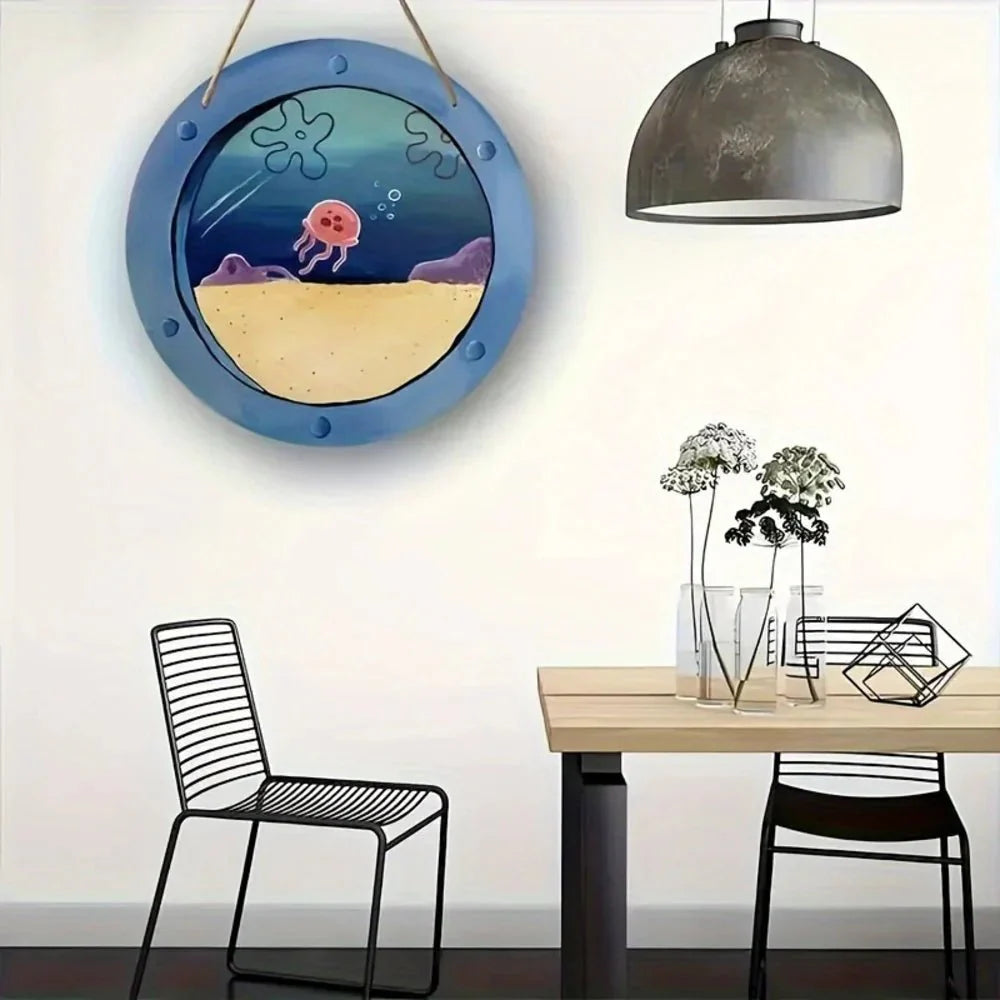 Cadre Mural Hublot Rond Décor Océan et Méduse - A