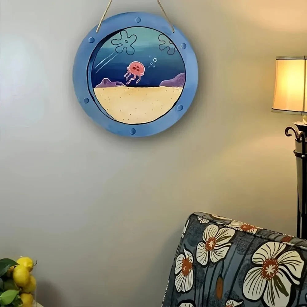 Cadre Mural Hublot Rond Décor Océan et Méduse - A