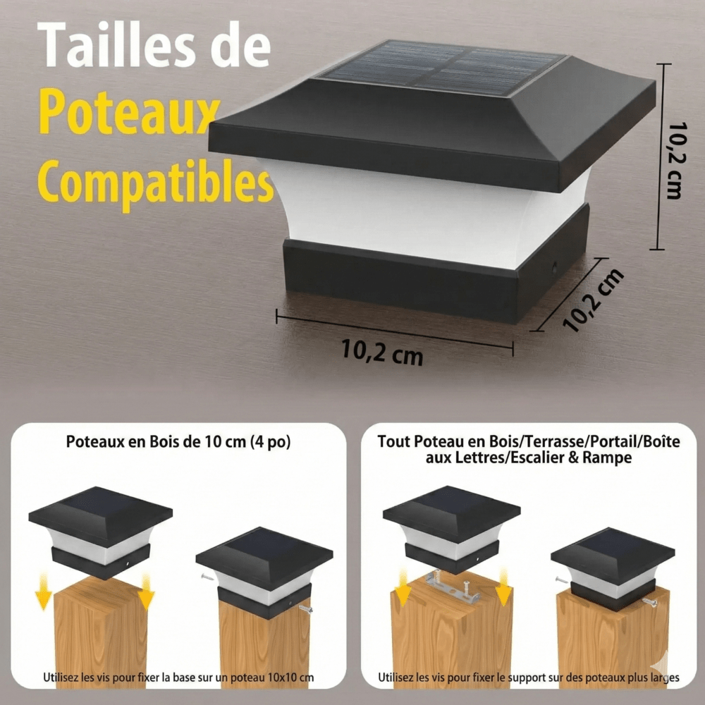 Chapeau de Pilier LED Solaire - Noir - Lumière blanche chaude