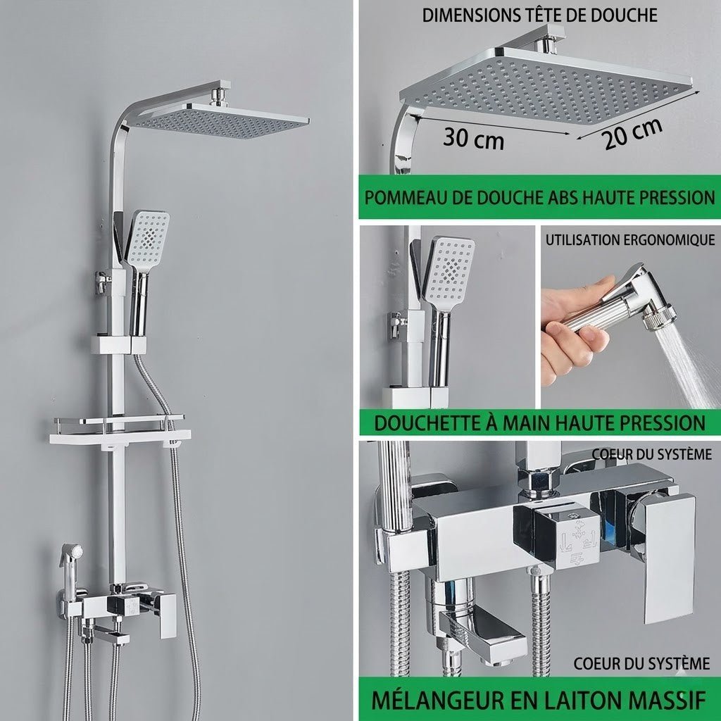 Colonne de Douche avec Pommeau Carré et Petite Étagère - Chromé