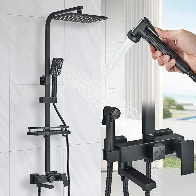 Colonne de Douche avec Pommeau Carré et Petite Étagère - Noir