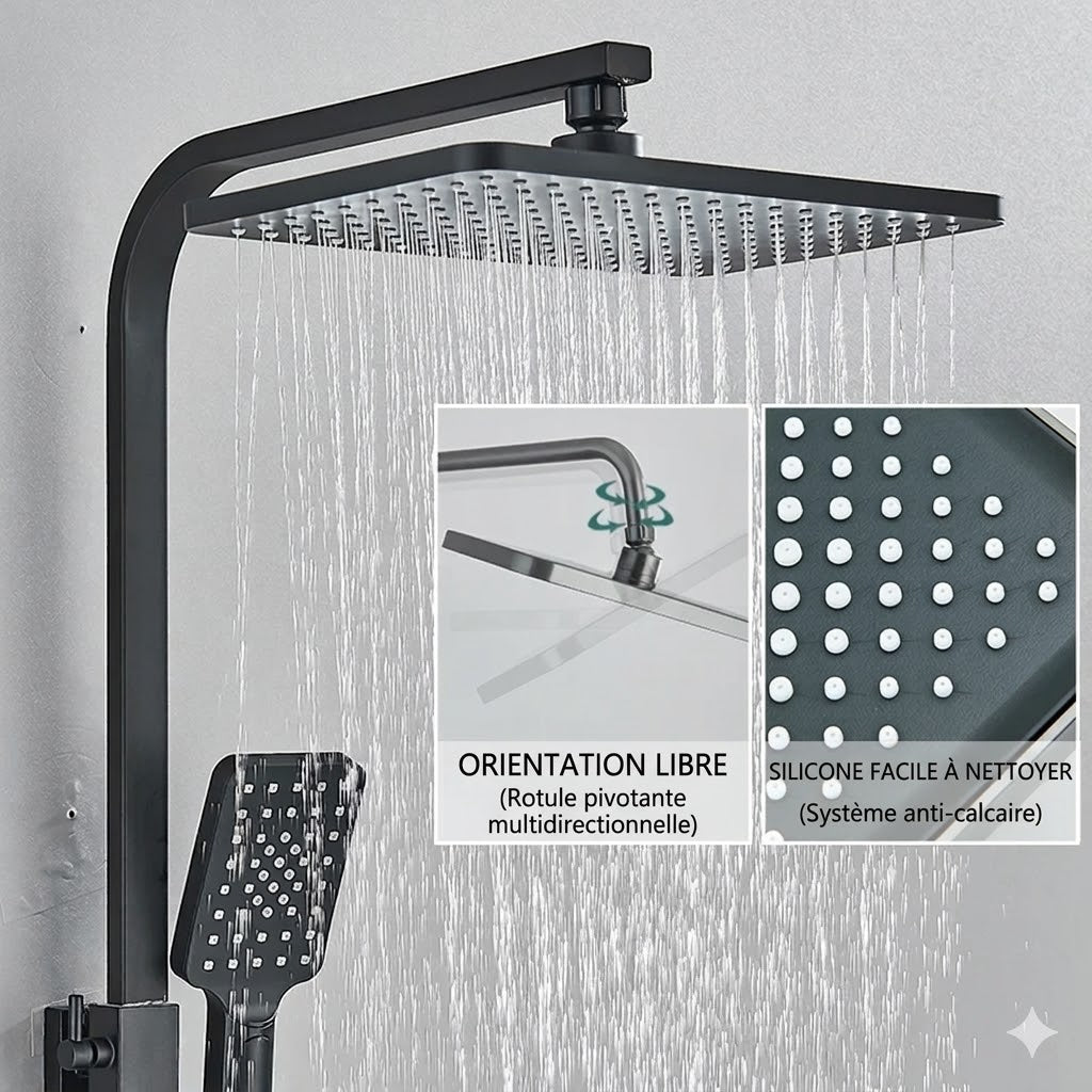 Colonne de Douche avec Pommeau Carré et Petite Étagère - Noir