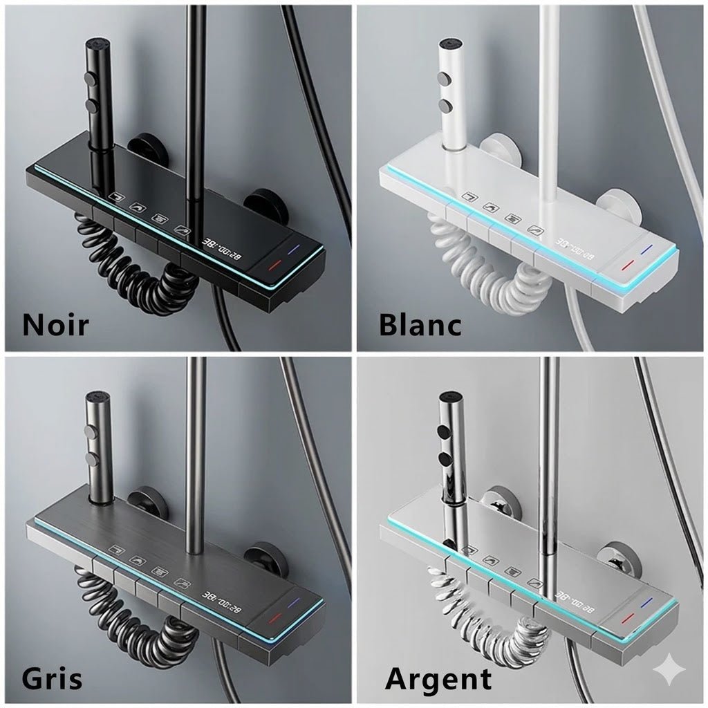 Colonne de Douche Blanche avec Boutons LED et Affichage Digital - Argent