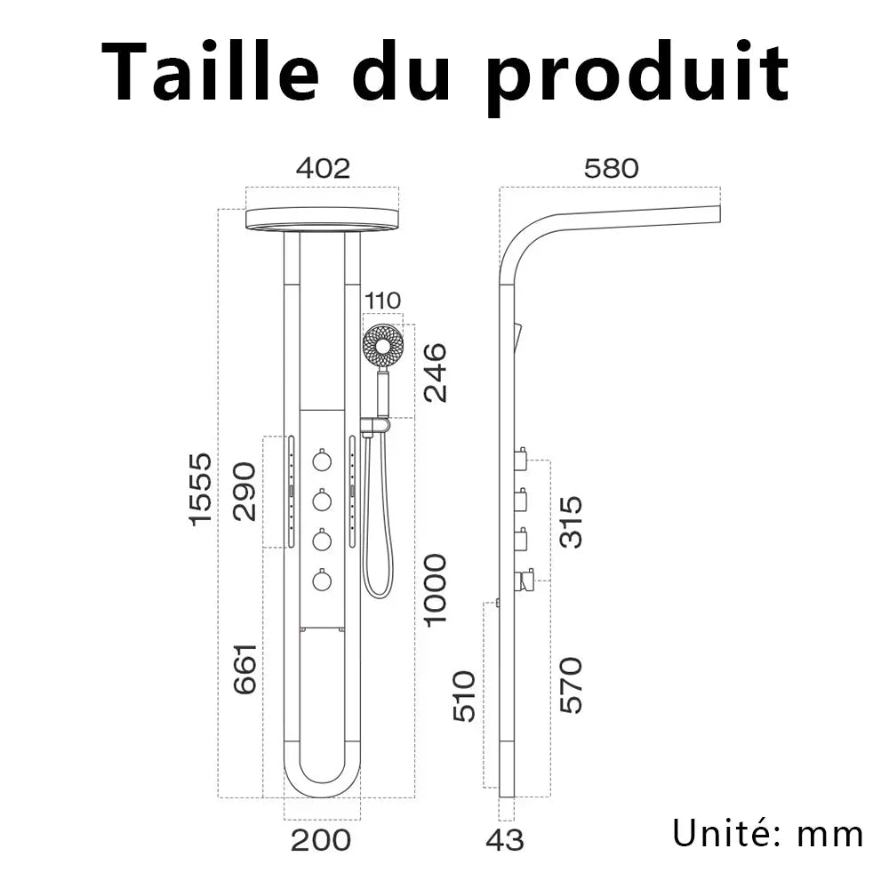 Colonne de Douche Haut de Gamme avec Pommeau en Anneau et Jets - Gris