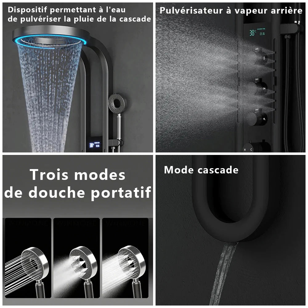 Colonne de Douche Haut de Gamme avec Pommeau en Anneau et Jets - Gris
