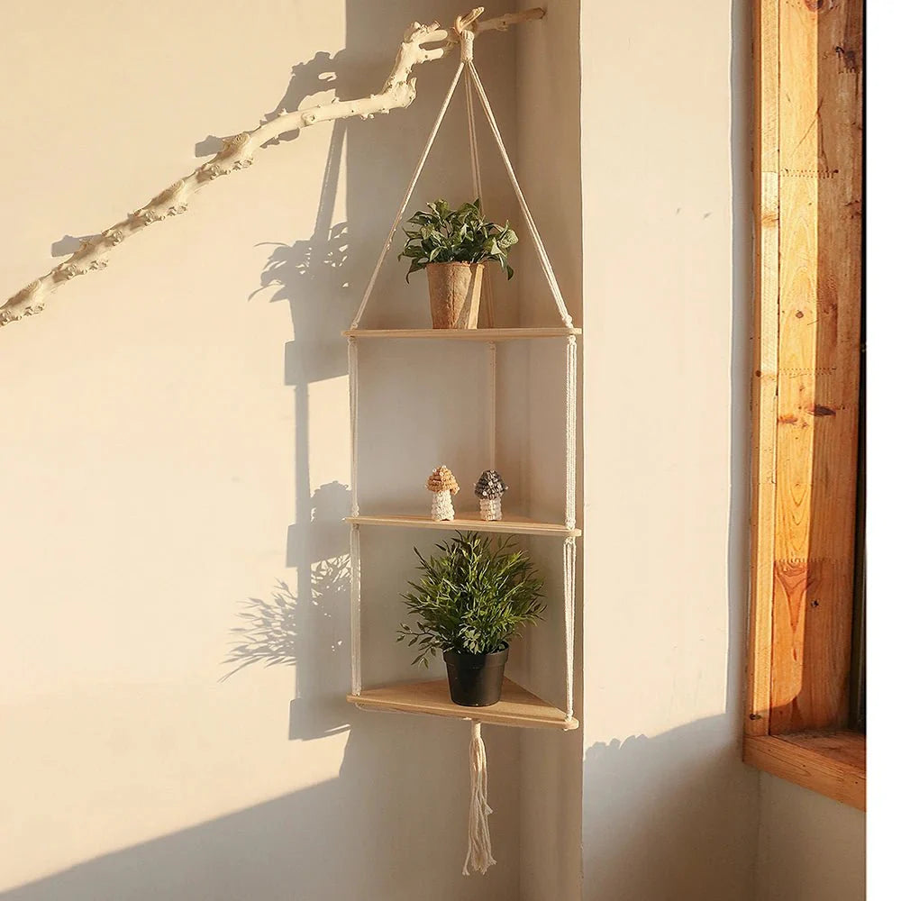 Décoration Étagère d'Angle Suspendue en Corde et Bois - A