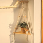 Décoration Étagère d'Angle Suspendue en Corde et Bois - C