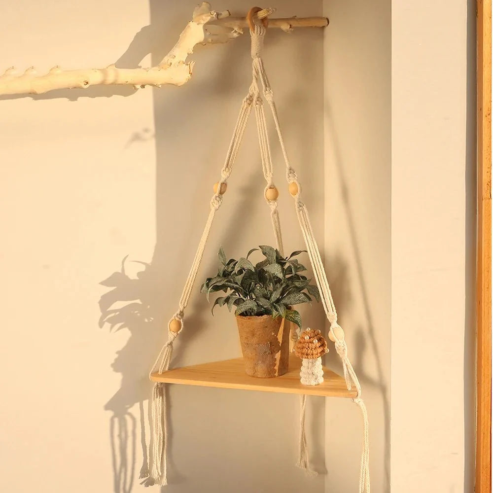 Décoration Étagère d'Angle Suspendue en Corde et Bois - C