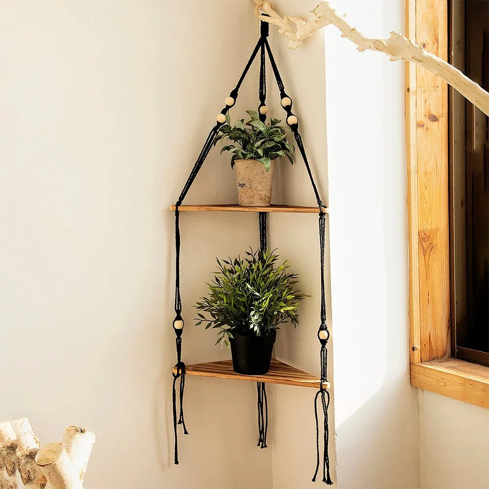 Décoration Étagère d'Angle Suspendue en Corde et Bois - E