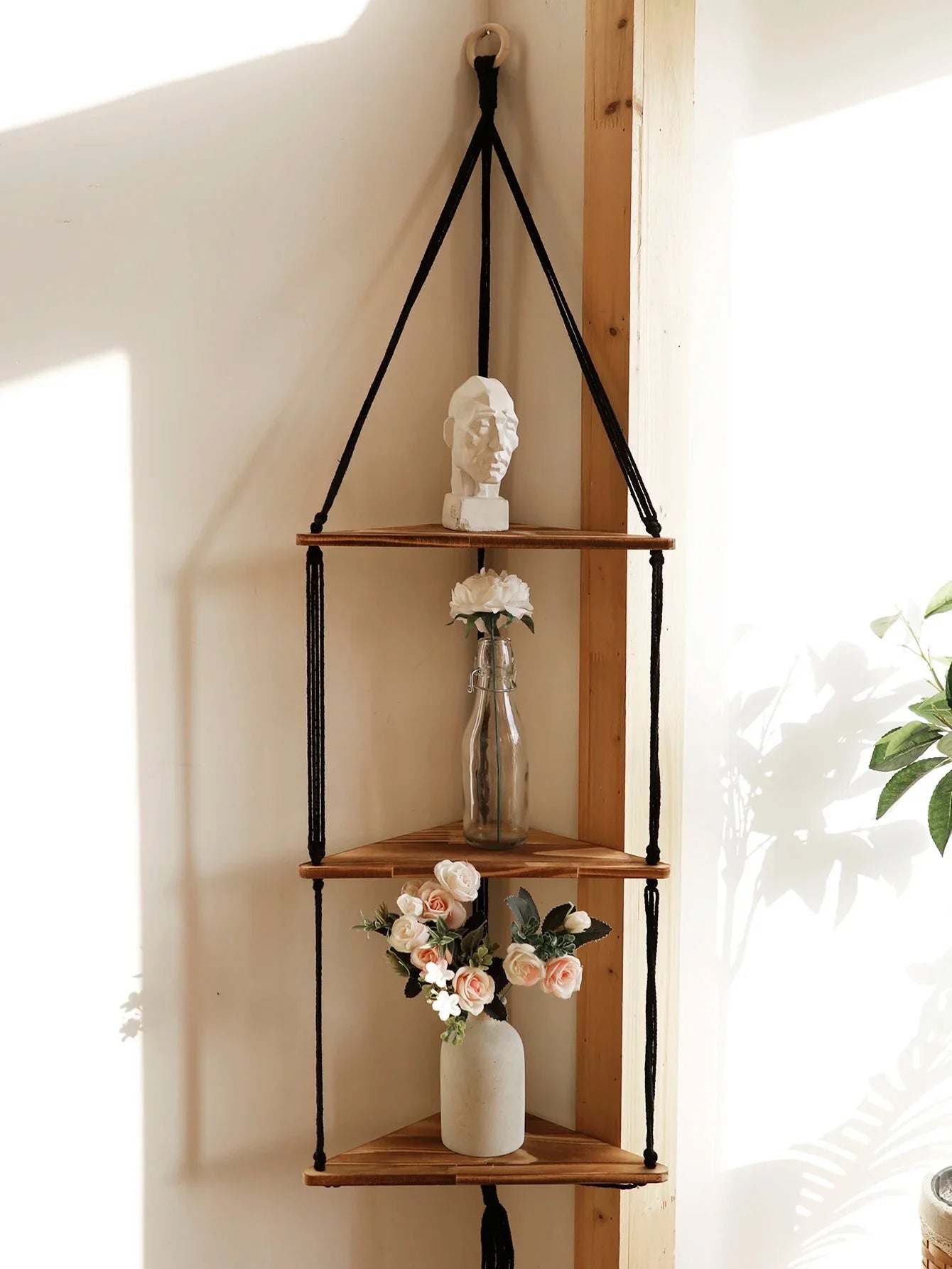 Décoration Étagère d'Angle Suspendue en Corde et Bois - F