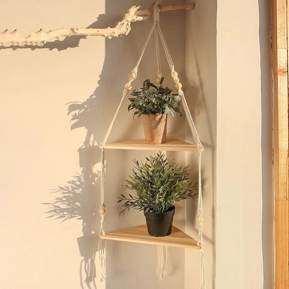 Décoration Étagère d'Angle Suspendue en Corde et Bois - G