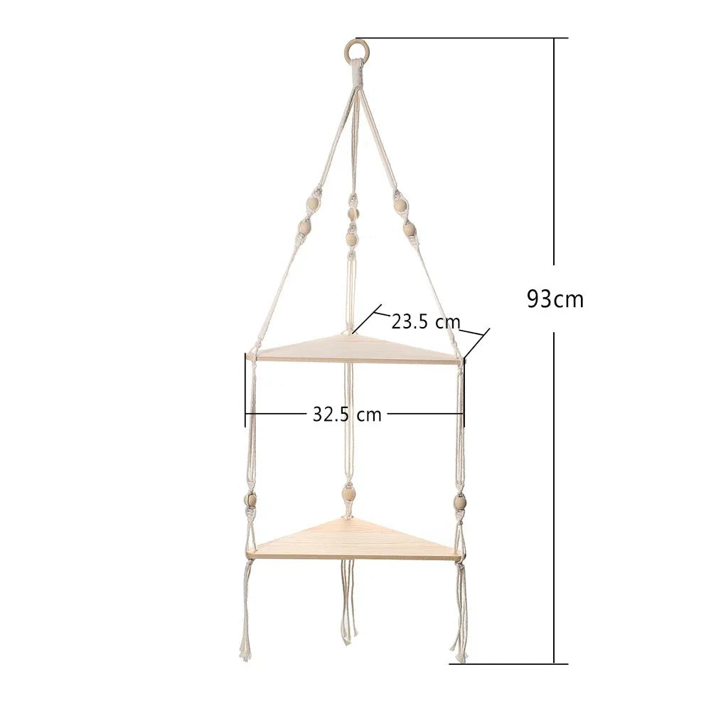 Décoration Étagère d'Angle Suspendue en Corde et Bois - G