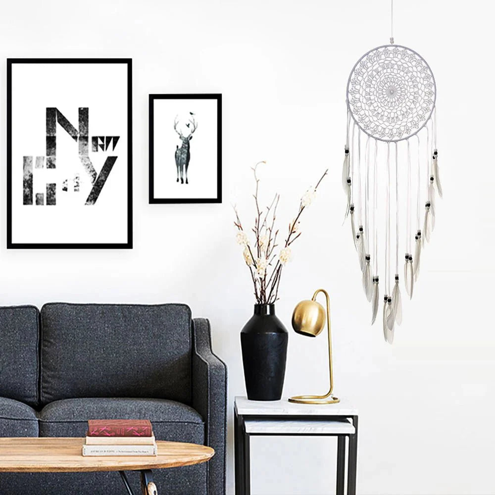 Décoration Murale Attrape - rêve avec Perles et Plumes - Blanc
