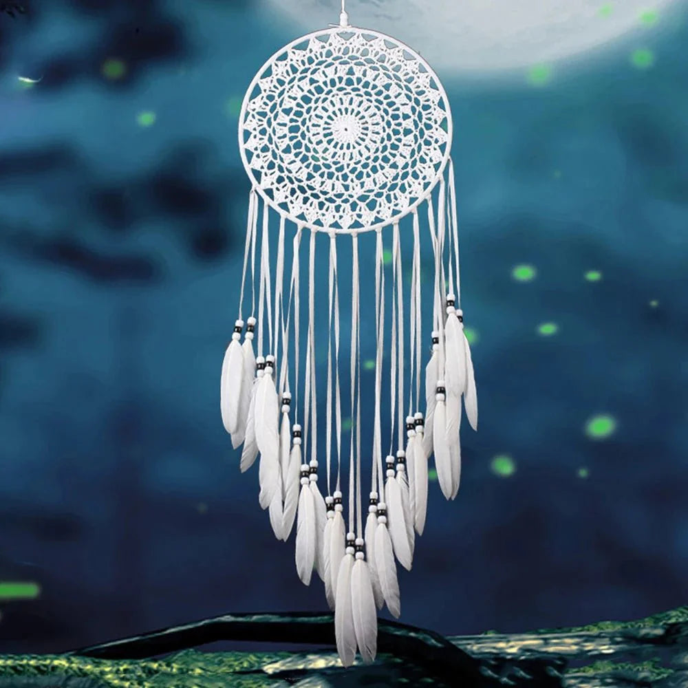 Décoration Murale Attrape - rêve avec Perles et Plumes - Blanc