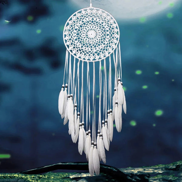 Décoration Murale Attrape - rêve avec Perles et Plumes - Blanc