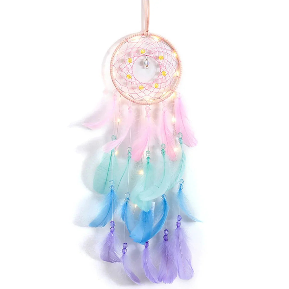Décoration Murale Attrape - rêve avec Perles et Plumes - Rose avec LED