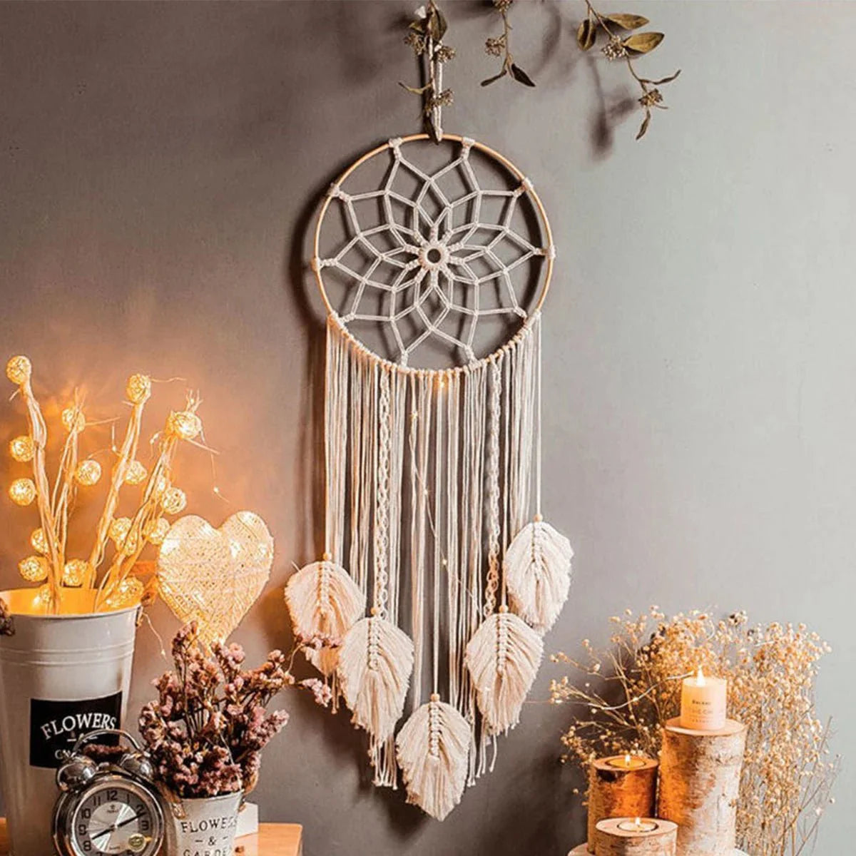 Décoration Murale Attrape Rêve Feuilles Style Scandinave - Blanc