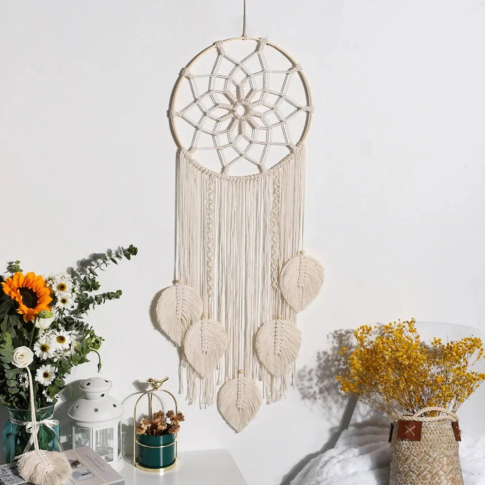 Décoration Murale Attrape Rêve Feuilles Style Scandinave - Marron