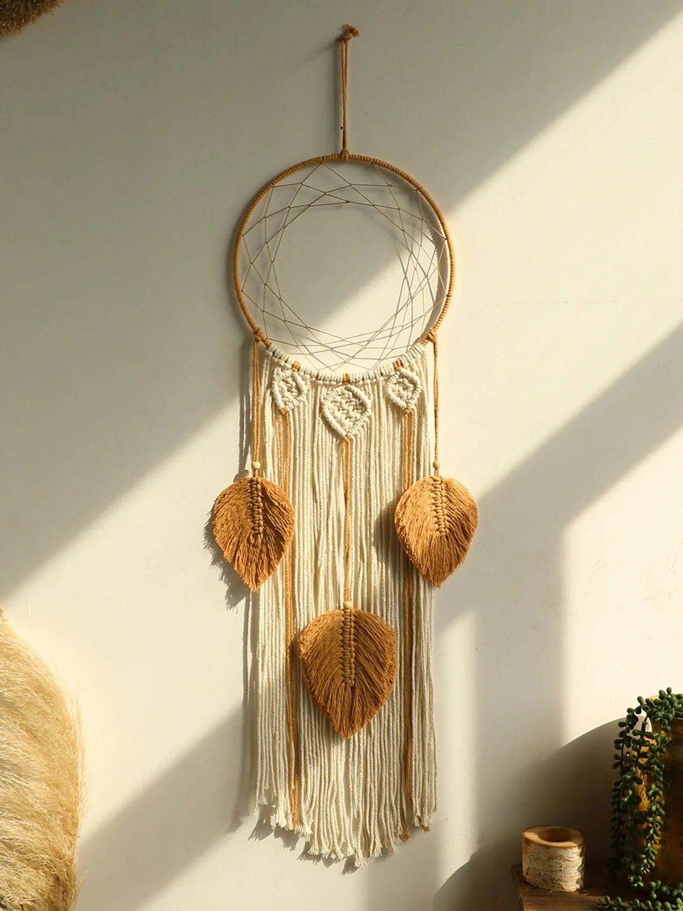 Décoration Murale Attrape Rêve Feuilles Style Scandinave - Marron