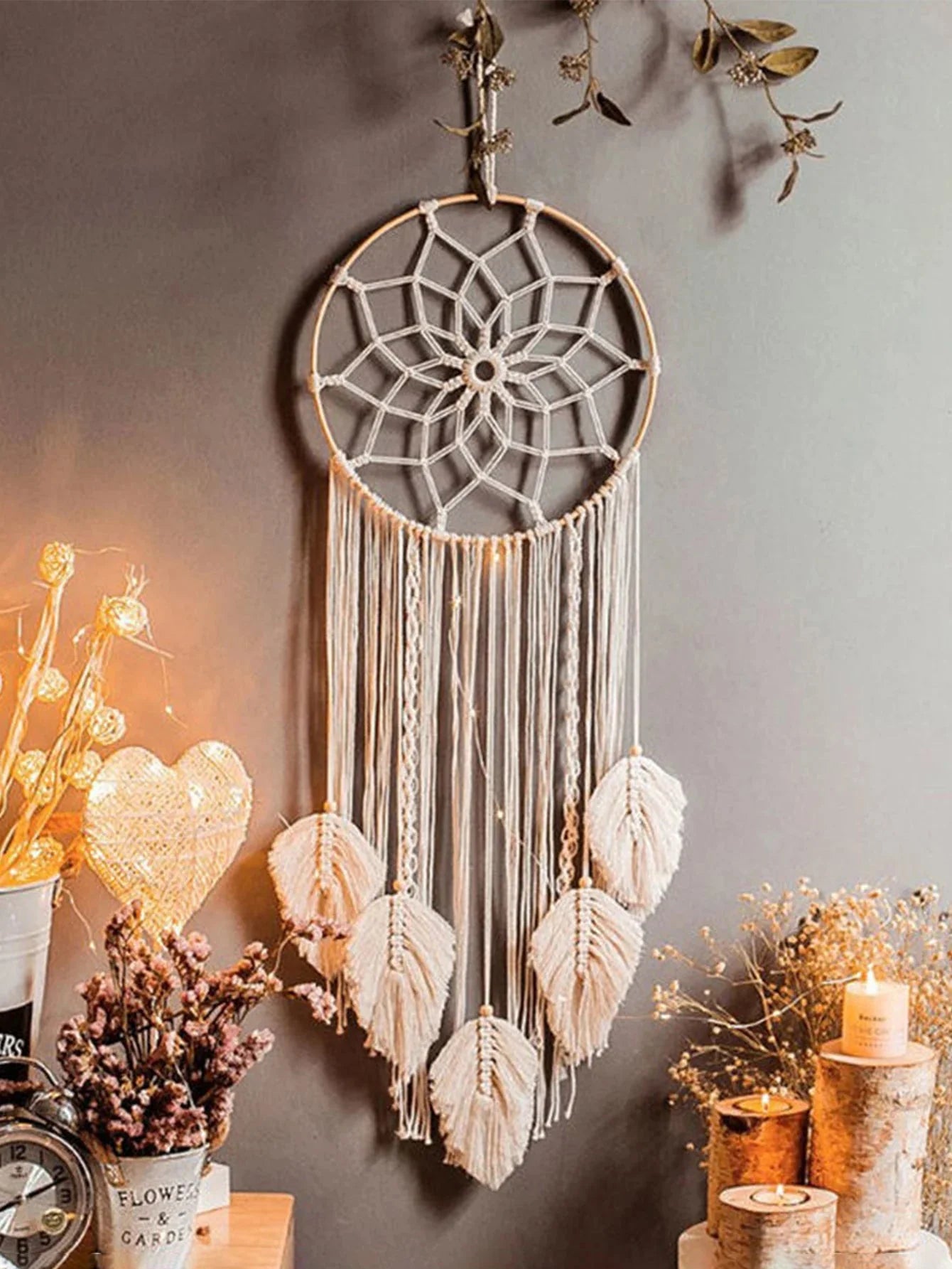 Décoration Murale Attrape Rêve Feuilles Style Scandinave - Marron