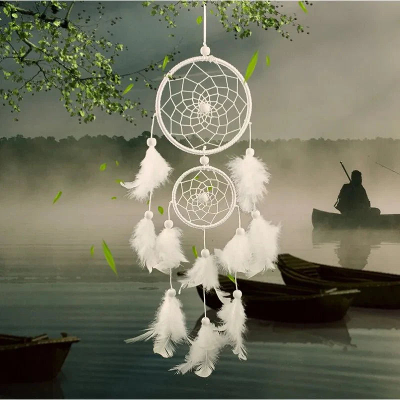 Décoration Murale Attrape - rêve Traditionnel Double Cercle avec Plumes - Blanc