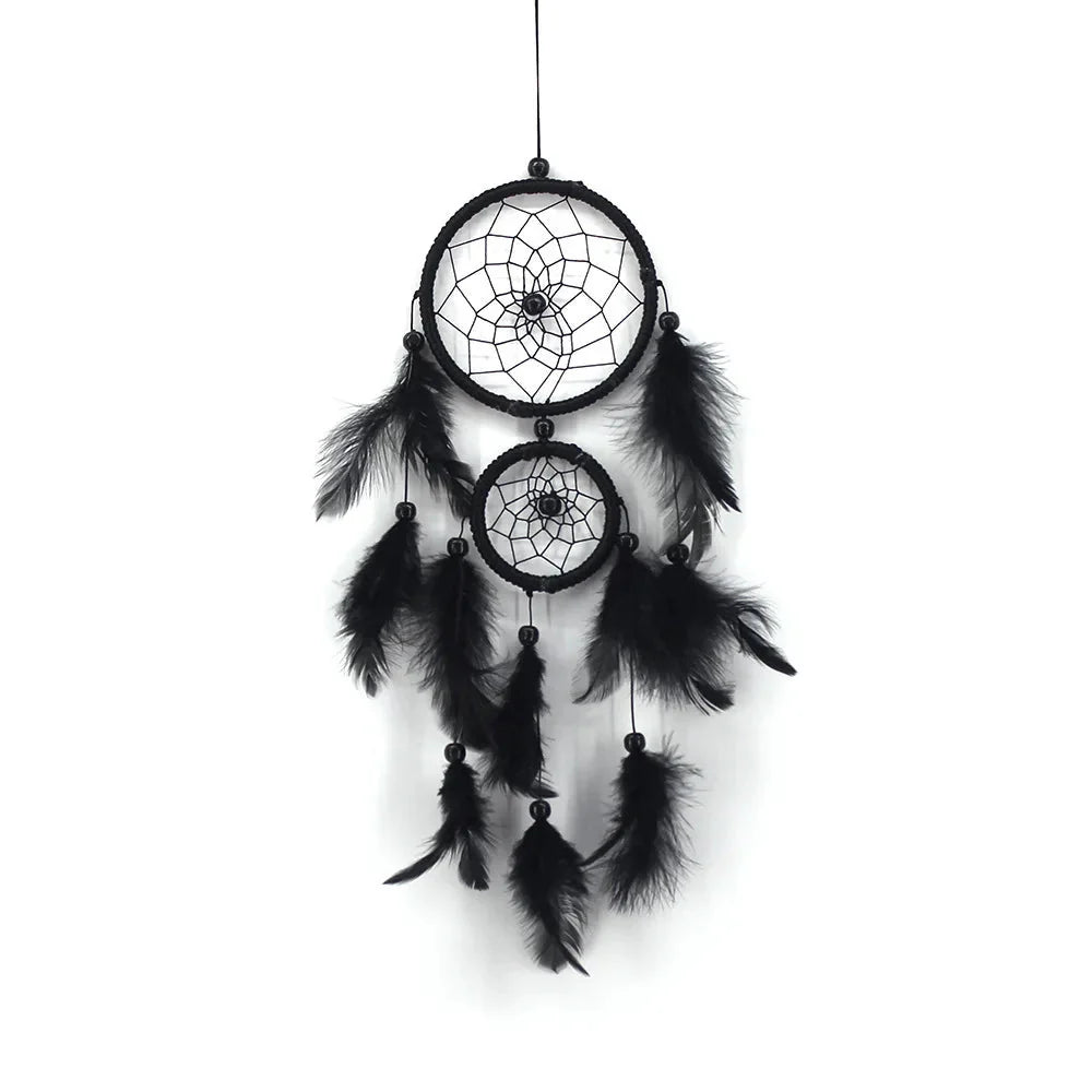 Décoration Murale Attrape - rêve Traditionnel Double Cercle avec Plumes - Noir