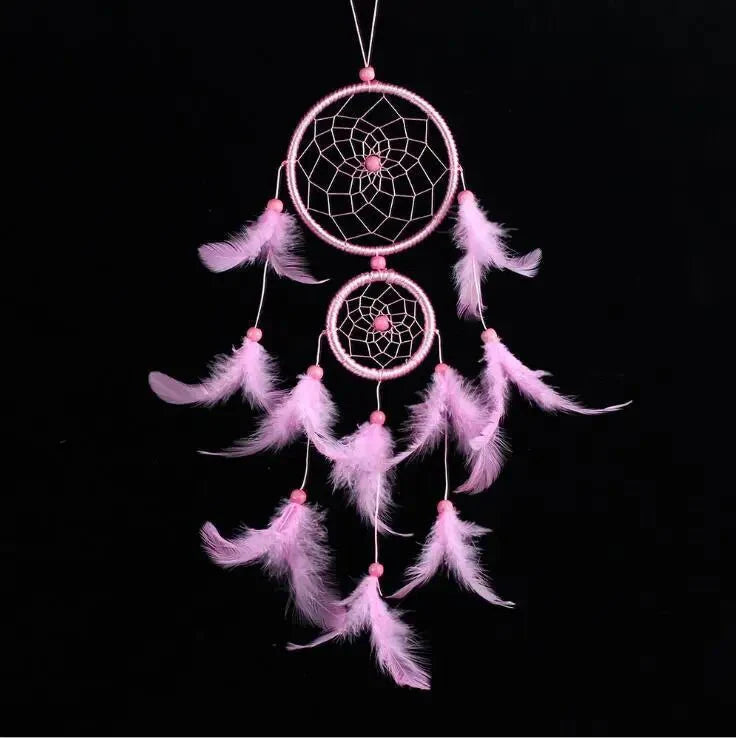 Décoration Murale Attrape - rêve Traditionnel Double Cercle avec Plumes - Rose
