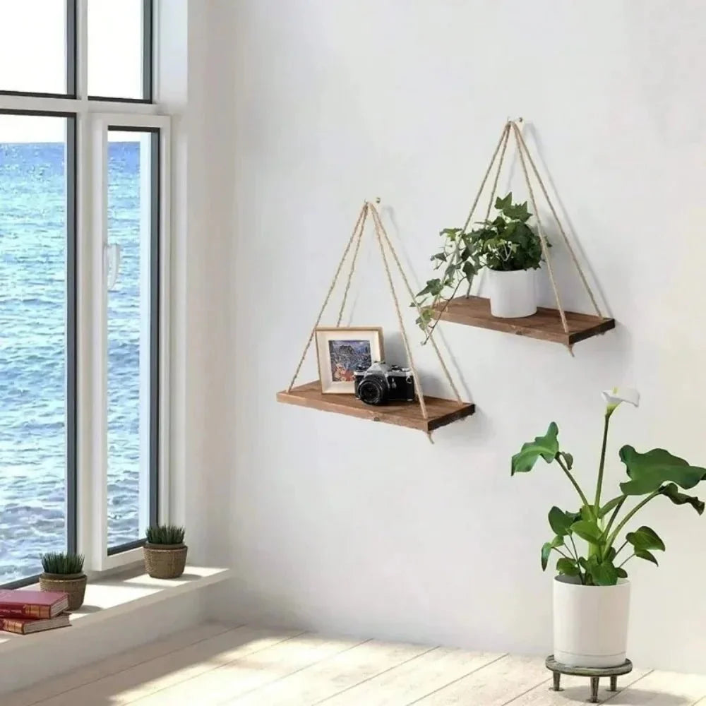 Décoration Murale Étagère Suspendue Type Balançoire en Bois - Blanc
