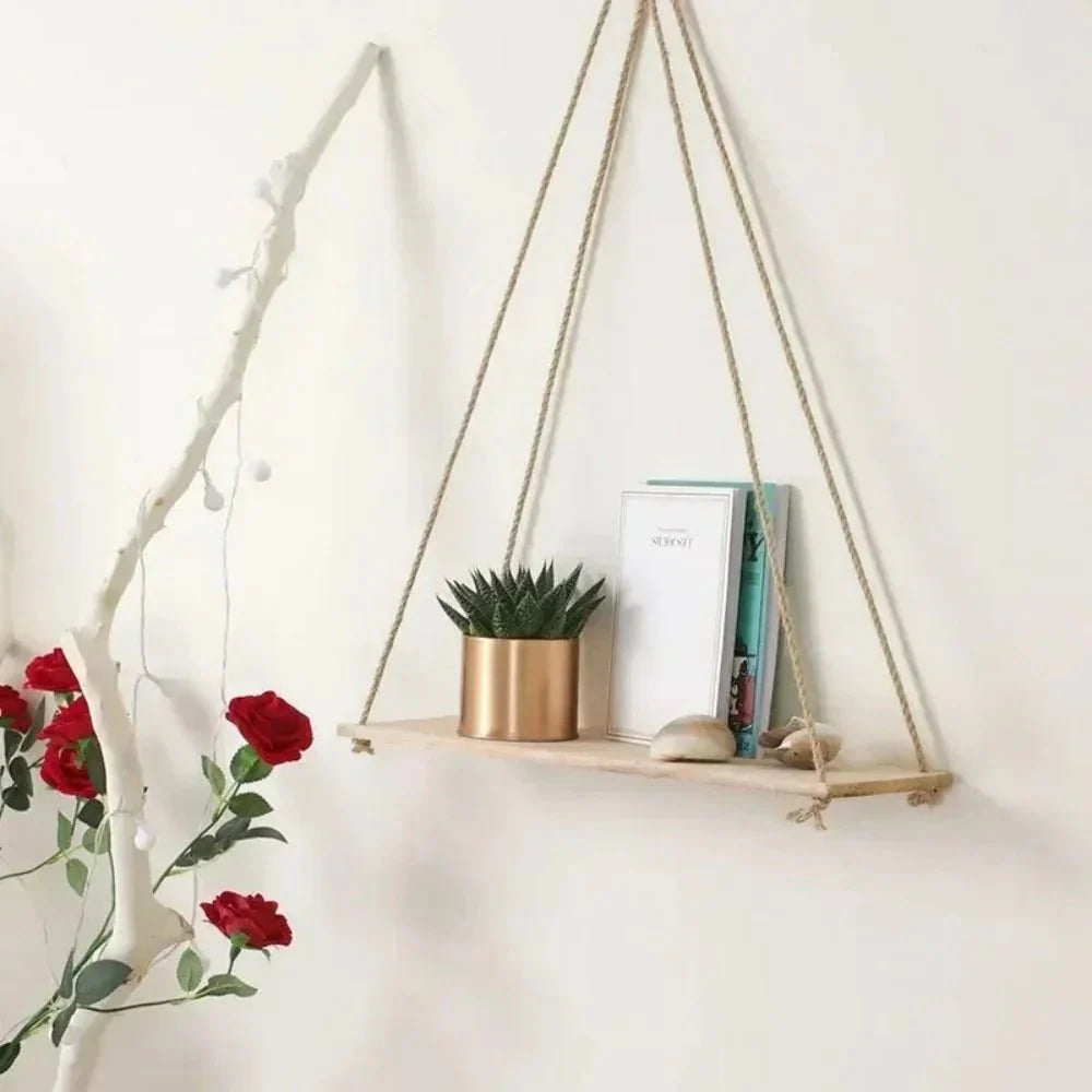 Décoration Murale Étagère Suspendue Type Balançoire en Bois - Blanc
