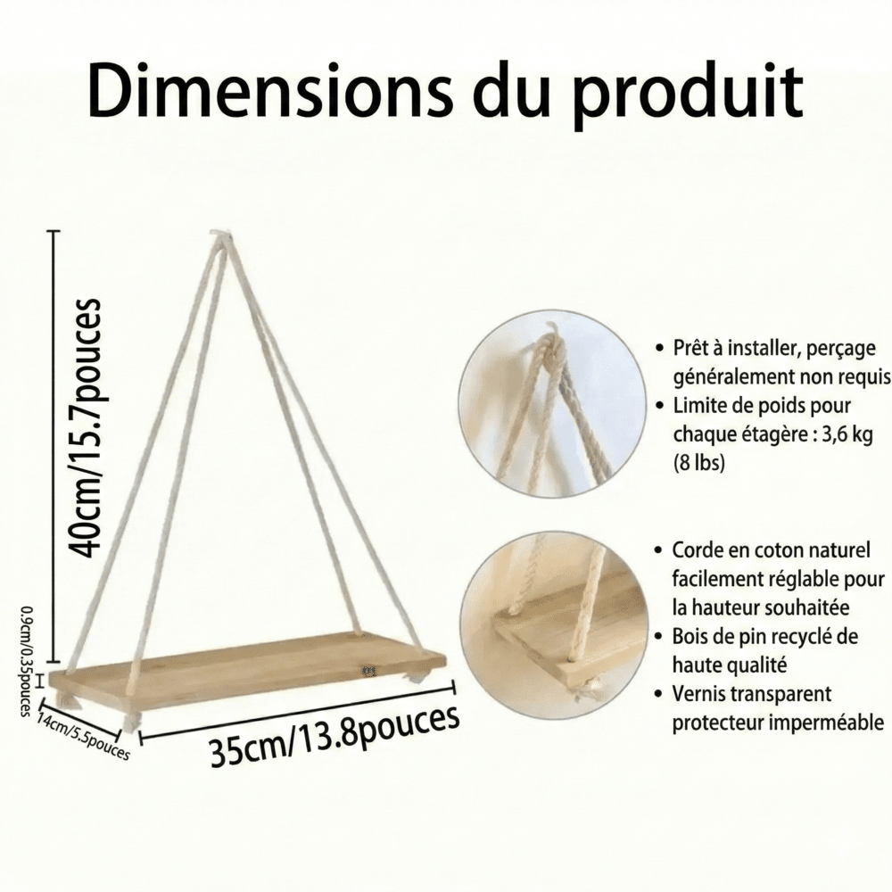 Décoration Murale Étagère Suspendue Type Balançoire en Bois - Blanc